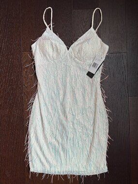 NWT City Vibe Fringe Sequin Mini Dress (Ivory / Iridescence) - Size 9